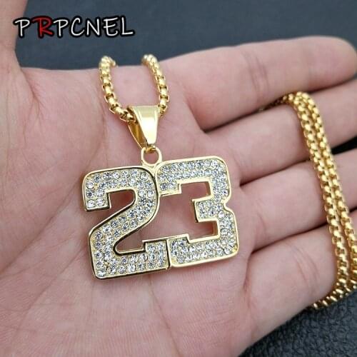 Gold color Men hip hop stainless steel Iced out bling Figure 23 pendant necklaces with zircon fashion popular jewelry