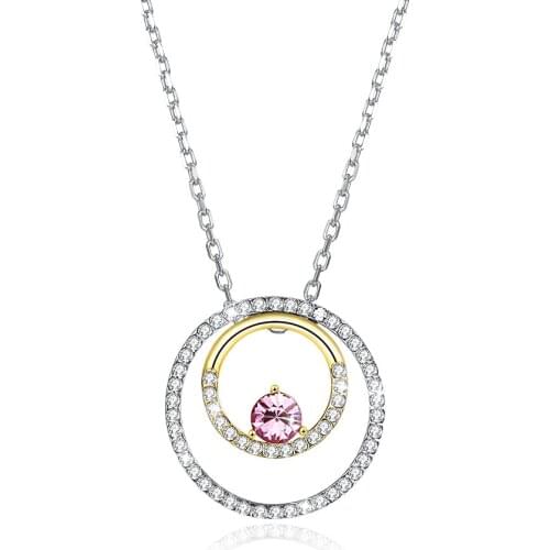 SILVERHOO Sterling Silver 925 Jewelry Double Circle Full Cubic Zircon Pendant Necklaces For Women Pink Austria Crystal Necklace