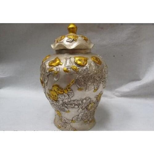 Song voge gem S0278 White Copper Silver Gilt Boys child Play Game design Auspicious Crock Pot Vase