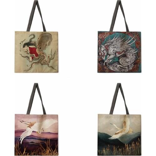 Landscape Ukiyo-e Linen Tote Bag Ladies Tote Bag Fashion Handbag Large Capacity Shopping Tote Bag