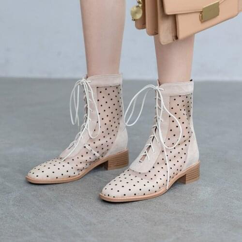 2020 Spring and autumn Sexy Lady Mesh Boots Square head zipper Lace-up matching Low-heeled Short tube Womens Boots plus size