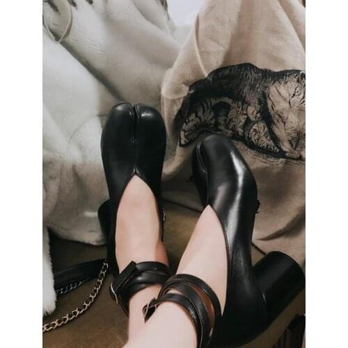 Zapatos Mujer Tabi Shoes Split Pig Toe Loafers Ankle Wrap Chunky Heels Vintage Party Dress Shoes Ladies