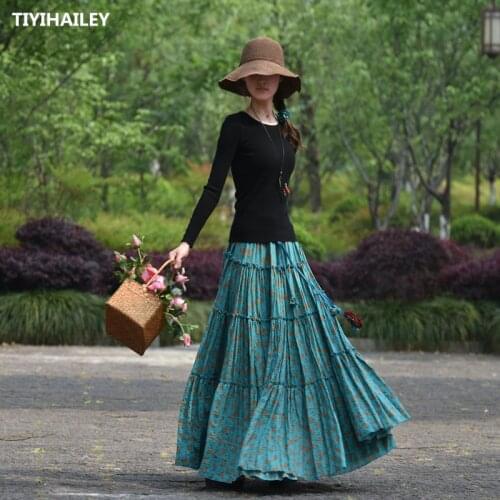 TIYIHAILEY Free Shipping Long Maxi A-line Elastic Waist Women Summer Cotton Linen Chinese Style S-2XL Flower Print Blue Skirts