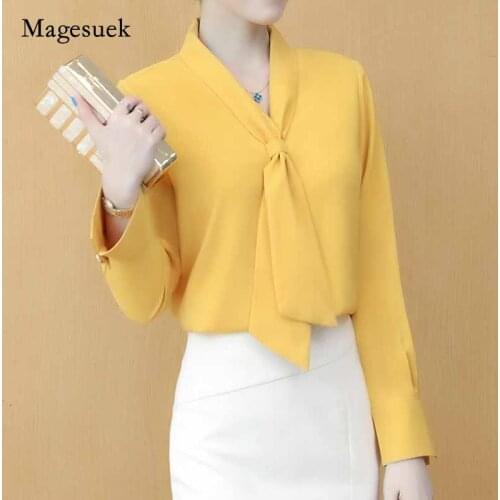 Casual Bow Office Lady Womens Blouses Autumn Long Sleeve Chiffon White Shirt Women 2020 New Women V-neck Pullover Blouses 10876