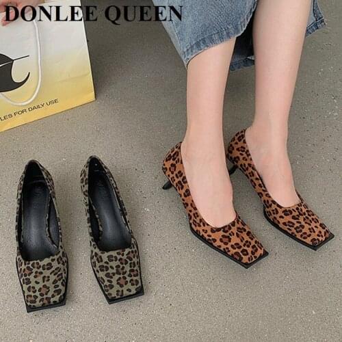 2021 Luxury Women High Heels Pumps New Fashion Square Toe Female Shoes Designer Dress Party Pumps Leopard Shoes Zapatillas Mujer
