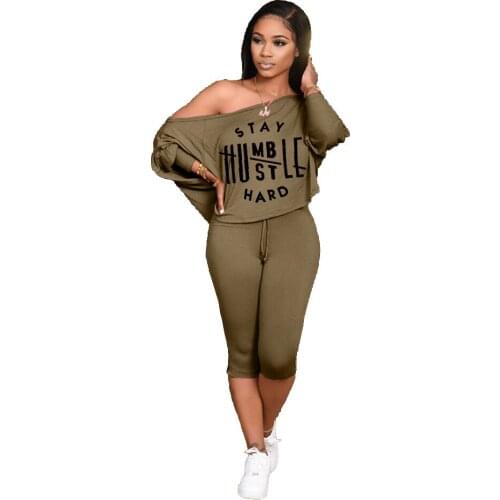 Printing Women Two Piece Sets Casual Letter Fashion Slash Neck Loose T-shirts High Waist Skinny Knee-Length Shorts Outfits