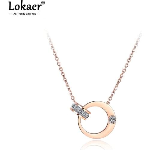Lokaer Double Circle Cubic Zirconia Chain & Link Necklaces Jewelry Titanium Steel Rose Gold Chokers Necklace For Women N18054