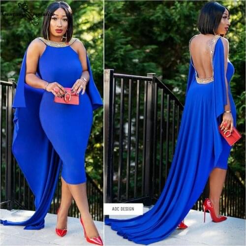 Royal Blue Prom Dresses Short Mermaid 2021 Beaded Backless Crepe African Formal Evening Dress Reception Gowns Vestido De Fiesta