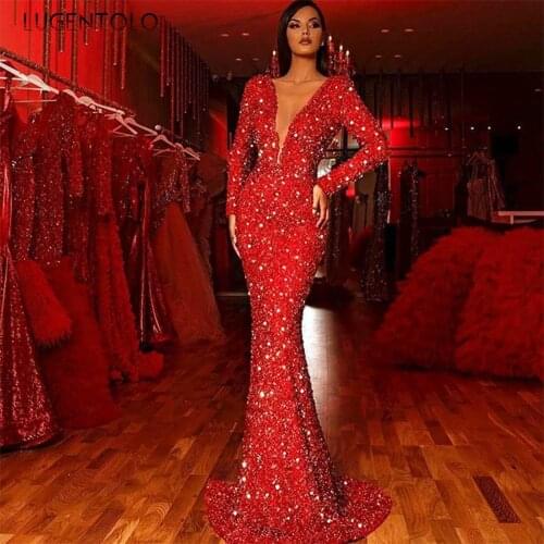 Party Sexy Dress Women Sequin Slim Dresses Deep V-neck Long Sleeve Red White Shiny Ladies Dinner Long Dress Lugentolo