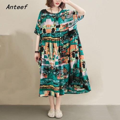 Short sleeve plus size cotton linen vintage floral dresses for women casual long loose woman summer dress elegant clothes 2021