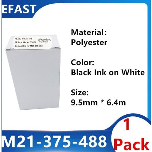 1 Pack M21 375 488 Polyester Label Ribbon Compatible For BMP21 PLUS Printer Black On White M21-375-488 9.5mm * 6.4m