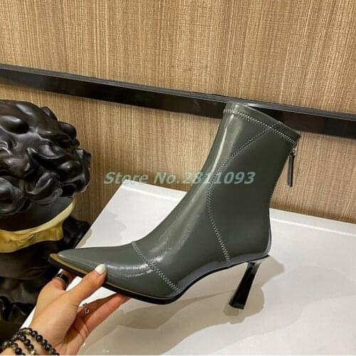 2020 New Arrivals Back Zipper Boot Sexy Pointed Toe Thin High Heel Women Dress Shoes Patent Leather Solid Green Black White Nude