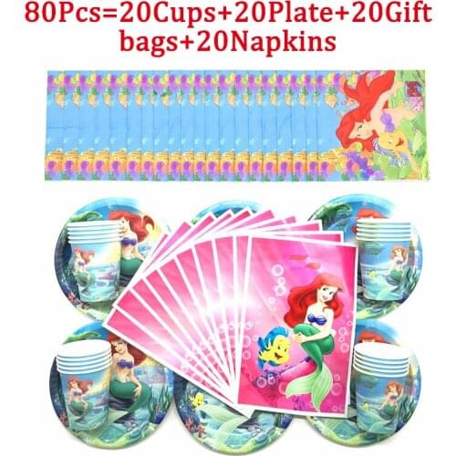 80/50Pcs Disney Mermaid Ariel Disposable Tableware Sets Cups Plates Napkin Gift Bag Baby Shower Kids Birthday Decor Supplies