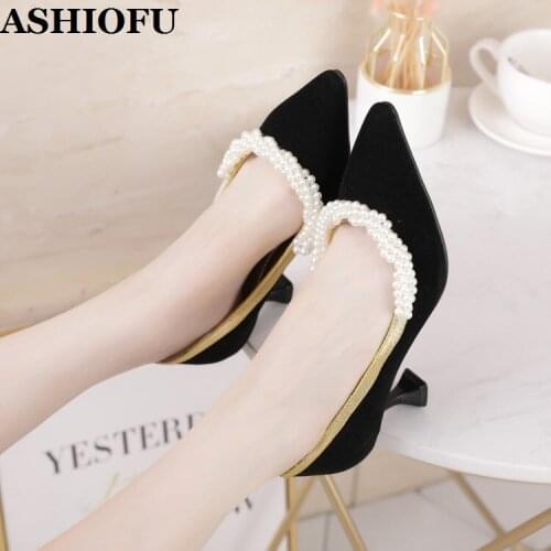 ASHIOFU Hot Handmade New Womens 6.5cm Heels Pumps 2020 Peals Retro Mid-heel Dress Shoes Sexy Evening Fashion Court Black Shoes