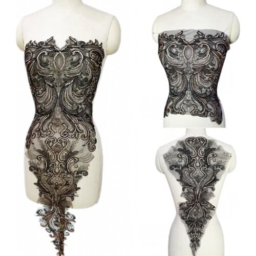 Black Sequined French Lace Fabric Embroideried Sew on Clothes Prom Patches For Tailored Bodice Custom Wedding Dress Dance Gowns