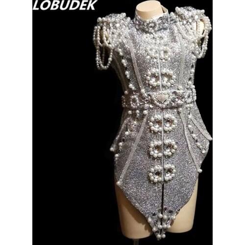 2019 Female Luxurious Stage Outfit Silver Pearls Crystals Dress Women Singer Fashion Costume One Piece Jazz Modern Dance Clothes