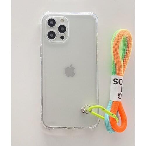 Fluorescent Hand Lanyard Strap Phone Case for iphone 12 11 Pro Max XR X XS Max 6 7 8 SE 20 Shockproof Clear Cover for iphone 13