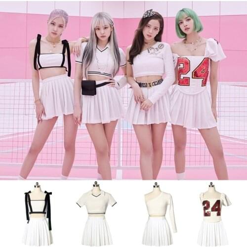 Kpop Korea Girl Group ROSE Jazz Dance White Slim Short Sleeve Pullover T-Shirts Tops + Sexy High Waist Pleated Skirts Women Sets