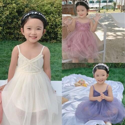 Summer Girls Dress Sweet Style Pure Color Cool Suspenders Mesh Yarn Fairy Princess Dress Baby Kids Clothes ChildrenS Clothing