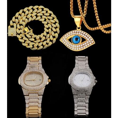 Hip Hop Men Necklace Gold Sliver Color Ice Out Cuban Crystal Miami Luxury Fashion Gold Watch &Necklace Combo Set For Men Jewerly