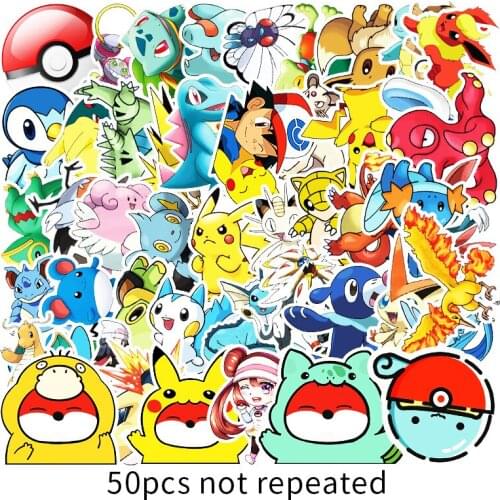 50pcs Pokemon Pikachu Stickers Anime Cartoon Kawaii Waterproof Stikers Skateboard Bicycle Guitar Laptop Kids Stiker Toys
