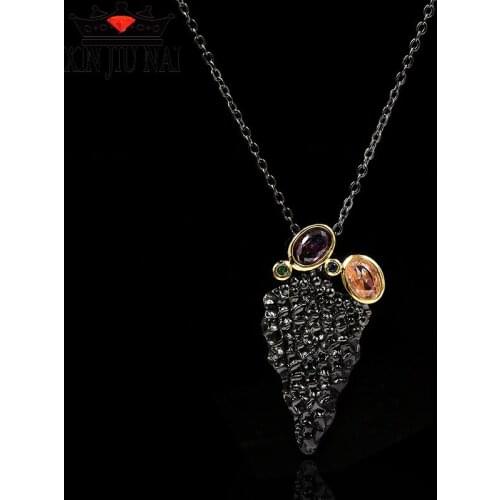 Retro fashion double gemstone amethyst maple leaf triangle bark wild bump pattern 14K black gold necklace womens brand jewelry