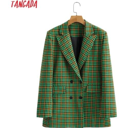 Tangada Women Vintage Green Plaid Blazer Female Long Sleeve Elegant Jacket Ladies Work Wear Blazer Formal Suits 8Y41