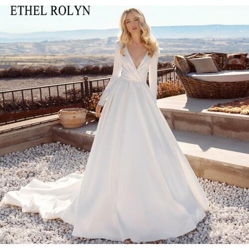 ETHEL ROLYN A-Line Wedding Dress 2021 Classy V-Neck Long Sleeve Satin Bride Beaded Sashes Princess Bridal Gown Vestido Noiva
