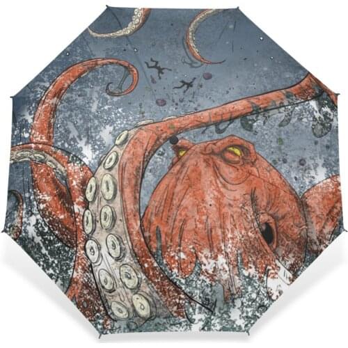 Fully Automatic Cartoon Women Umbrellas Rain Octopus 3 Folding Outdoor Animal Windproof Umbrella Rain Gear Parasol