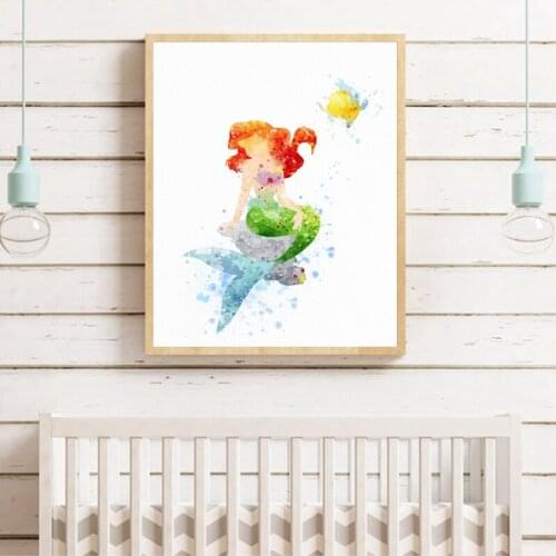 Princess Mermaid Poster Watercolor Nursery Wall Art Canvas Painting Little Mermaid Posters and Prints Baby Room Wall Decor