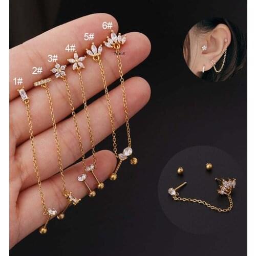 1 Piece Chain Earrings Stud Upper Lobe Helix Piercing Barbell Stainless Steel