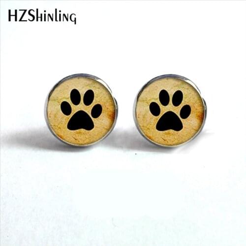 NES-0069 Dog Lovers Earrings Paw Print with Dog Earrings Lover Jewelry Glass Cabochon Earrings Handmade HZ4