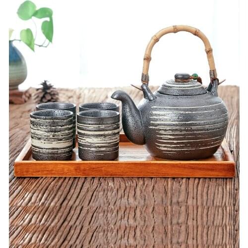 Japanese style coarse pottery kungfu teapot teacup set family teahouse creativity ceramic black pottery pot cup tray wineware