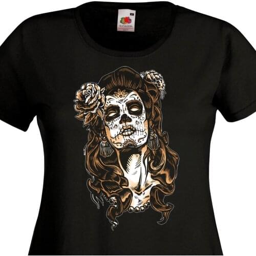 Womens t-shirt catrina mexico tattoo makeup santa muerte pinup skull