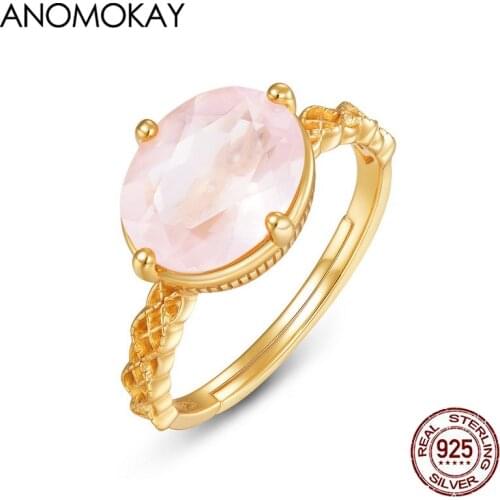Anomokay Romantic Flower Pattern Pink Rose Quartz Rings for Women 100% Sterling 925 Silver Resizable Ring Luxury Jewelry Gift