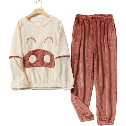 Winter Cartoon Flannel Thickened Lovers Pullover Pajama Sets Absorbable Thick Warm Sleepwear Dressing Gown Home Clothes