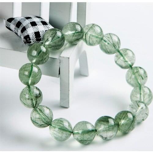 13mm Brazil Natural Green Hair Rutilated Quartz Crystal Round Bead Stretch Bracelet