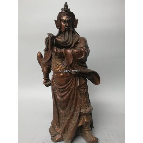 19'' red bronze carved dragon figure chinese folk war god Guan Gong statue