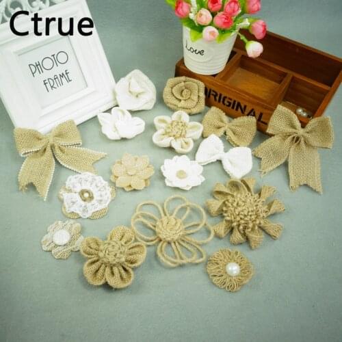 20pcs/lot 16 styles Jute Burlap Hessian Flower bowknot vintage christmas tree decoration wedding new year DIY craft supplies