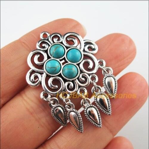 4 New Flower Charms Tibetan Silver Stone Waterdrop Tassels Pendants Retro 30x42mm