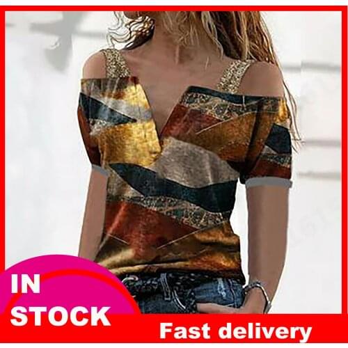 Sequins Off Shoulder T Shirt Womens Summer Casual Print Blouse V-neck Short Sleeve Plus Size Harajuku Pullover Shirts Рубашка