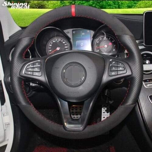 Black Genuine Leather Black Suede Red Marker Hand-stitched Car Steering Wheel Cover for Mercedes-Benz C180 C200 W205 C300 B200