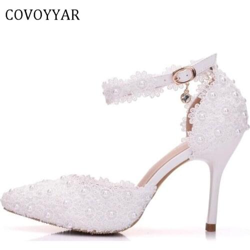COVOYYAR 2021 Thin Heeled Women Wedding Shoes Lace Flower Ankle Strap Lady Pumps Party Bridal Shoes White/Pink WHH120