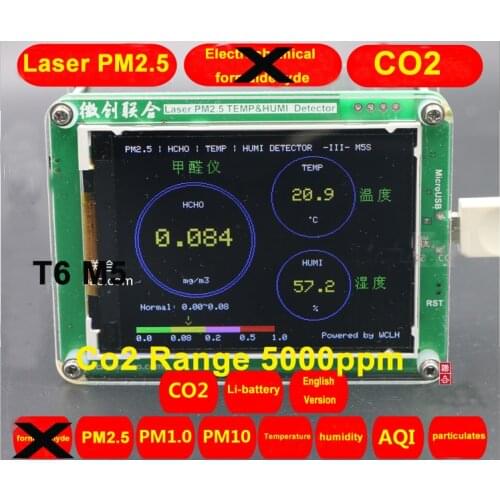 T6 M5 CO2 Sensor PM2.5 PM1.0 PM10 Co2 detector PM2.5 dust haze Laser sensor with Temperature and humidity TFT LCD with battery