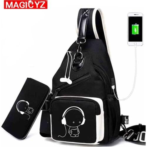 Fashion USB Charging Travel Chest Bag Male Casual Oxford cloth Crossbody bag Young men Luminous Outdoor Shoulder Bags set