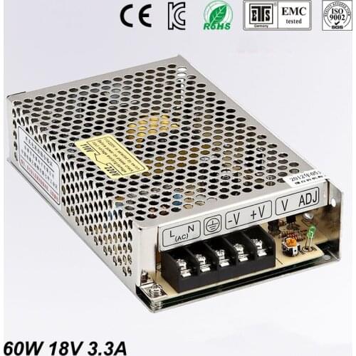 Best quality 18V 3.3A 60W Switching Power Supply Driver for LED Strip AC 100-240V Input to DC 18V free shipping