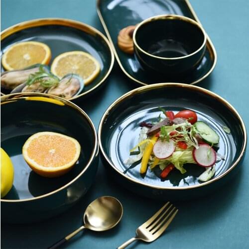 JSWORK Nordic Ceramic Dinner Plates and Bowls Sets Sushi Dishes Tableware Dinnerware Serving Tray Platter Gold Green