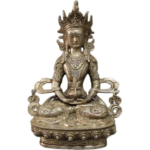 China Silver Buddhism Dragon Head Amitayua Buddha Statue Tibet Brass Joss metal handicraft
