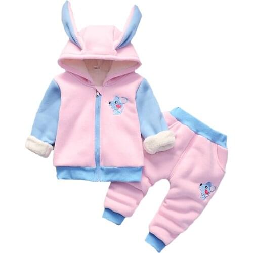 Thick Plush Girls Clothing Set Winter Keeping Warm Cartoon Mouse Suit For Baby Girl Hooded Jacket Pants Toddler Kids Clothes set