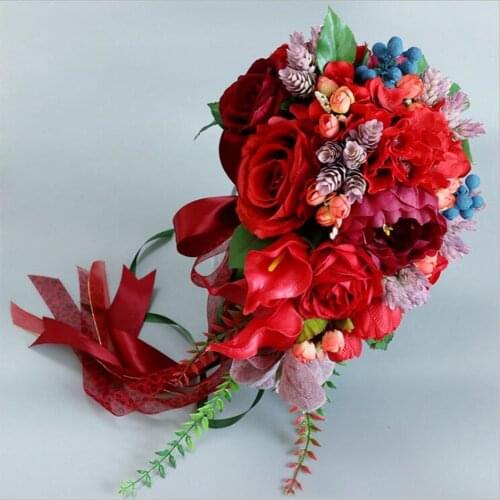 Waterfall red Artificial flowers wedding bouquets bridal bouquet brooch bouquet Holding Flowers Bridesmaid Bouquet